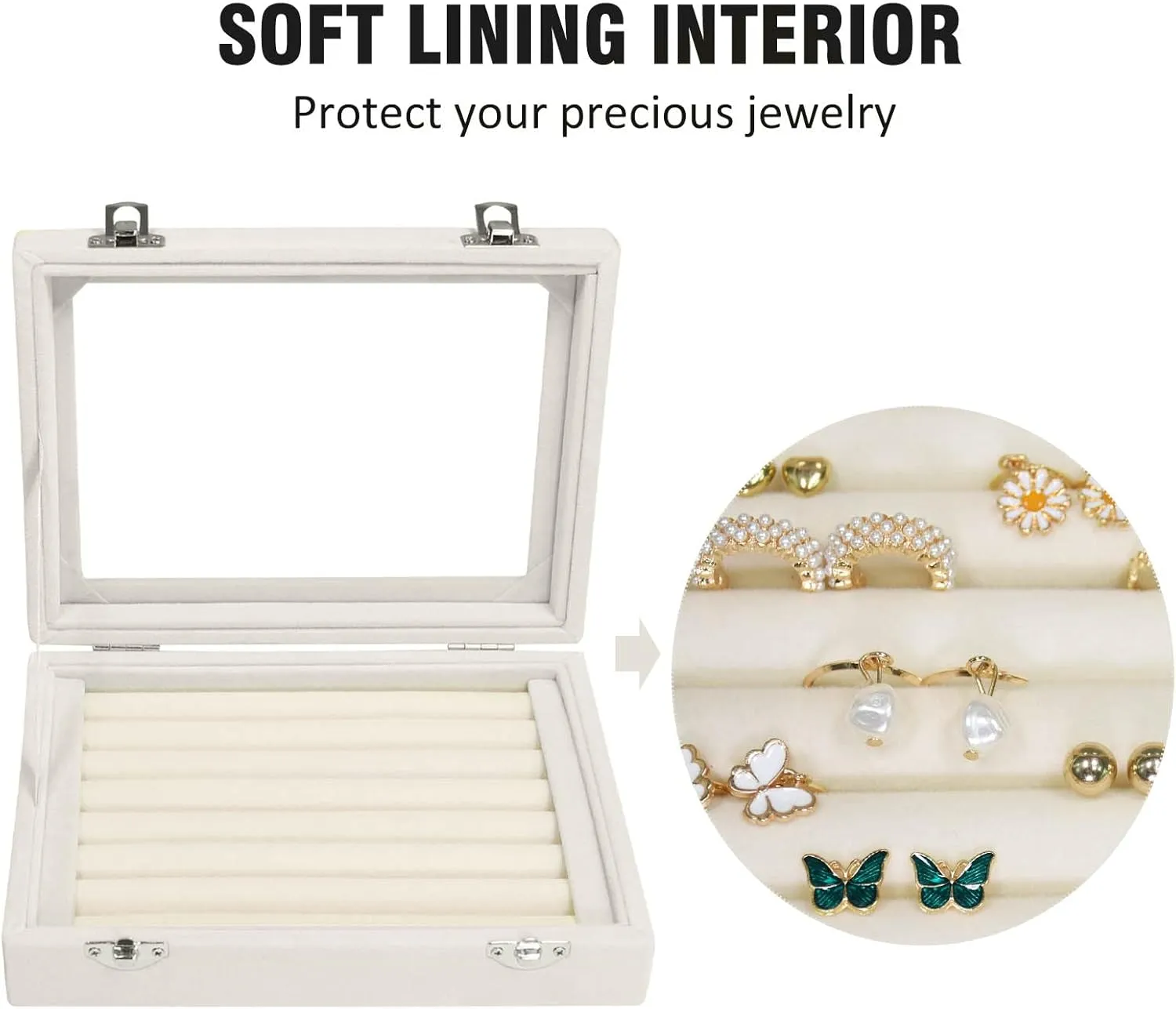 Rings Organizer Tray 7 Slots Velvet Jewelry Earring Storage Box with Transparent lid Jewelry Display Case for Girls Wife Mom Women (Beige)