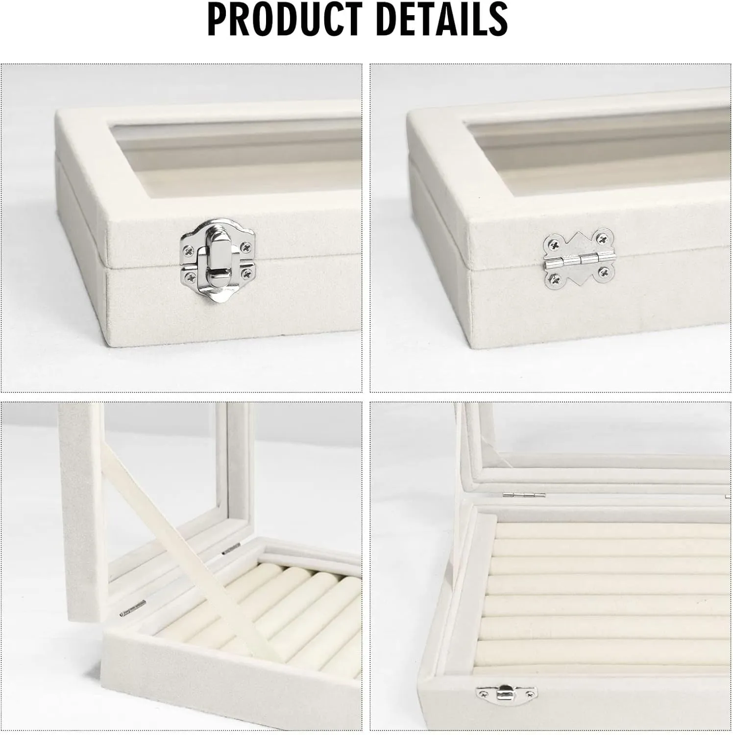 Rings Organizer Tray 7 Slots Velvet Jewelry Earring Storage Box with Transparent lid Jewelry Display Case for Girls Wife Mom Women (Beige)