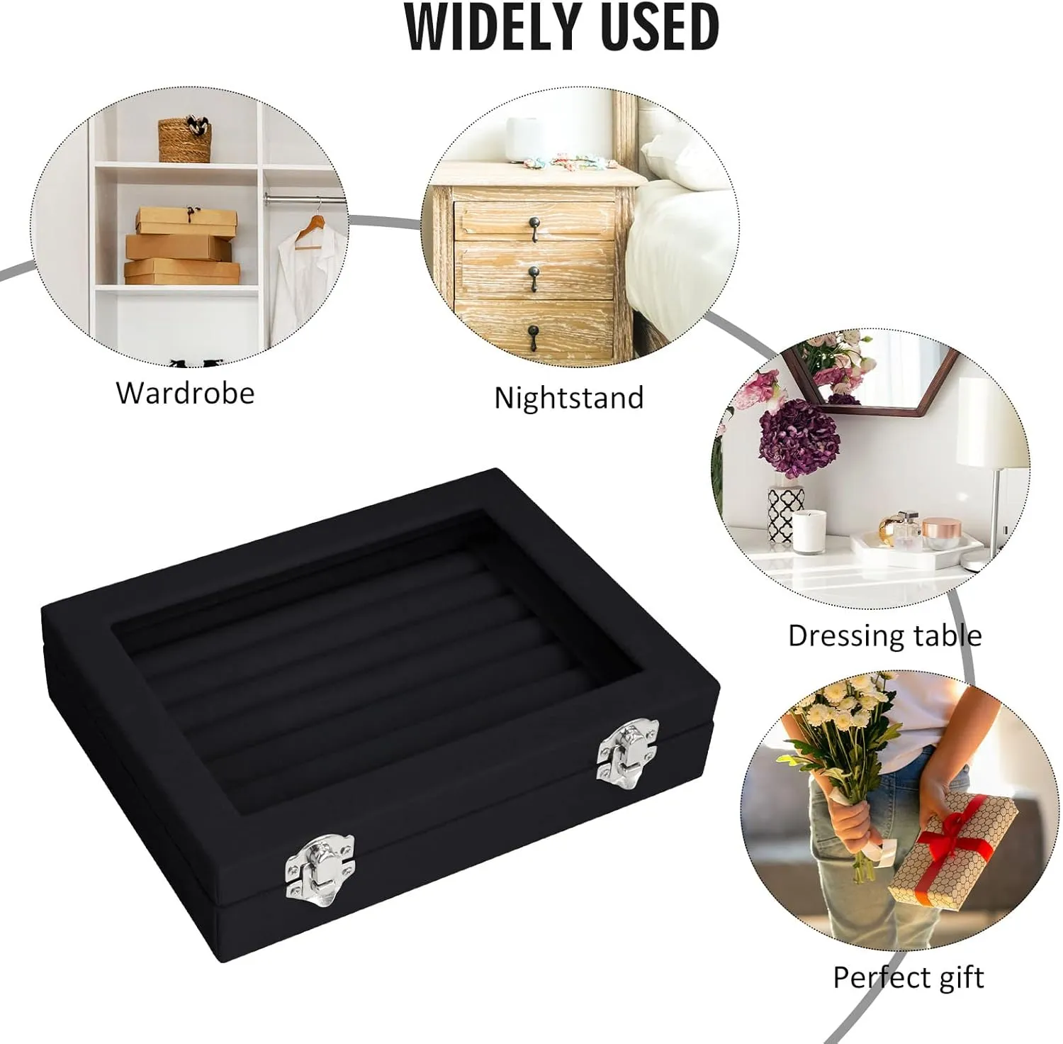 Rings Organizer Tray 7 Slots Velvet Jewelry Earring Storage Box with Transparent lid Jewelry Display Case for Girls Wife Mom Women (Black)