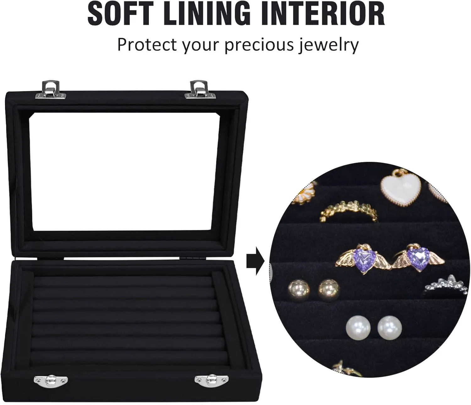 Rings Organizer Tray 7 Slots Velvet Jewelry Earring Storage Box with Transparent lid Jewelry Display Case for Girls Wife Mom Women (Black)