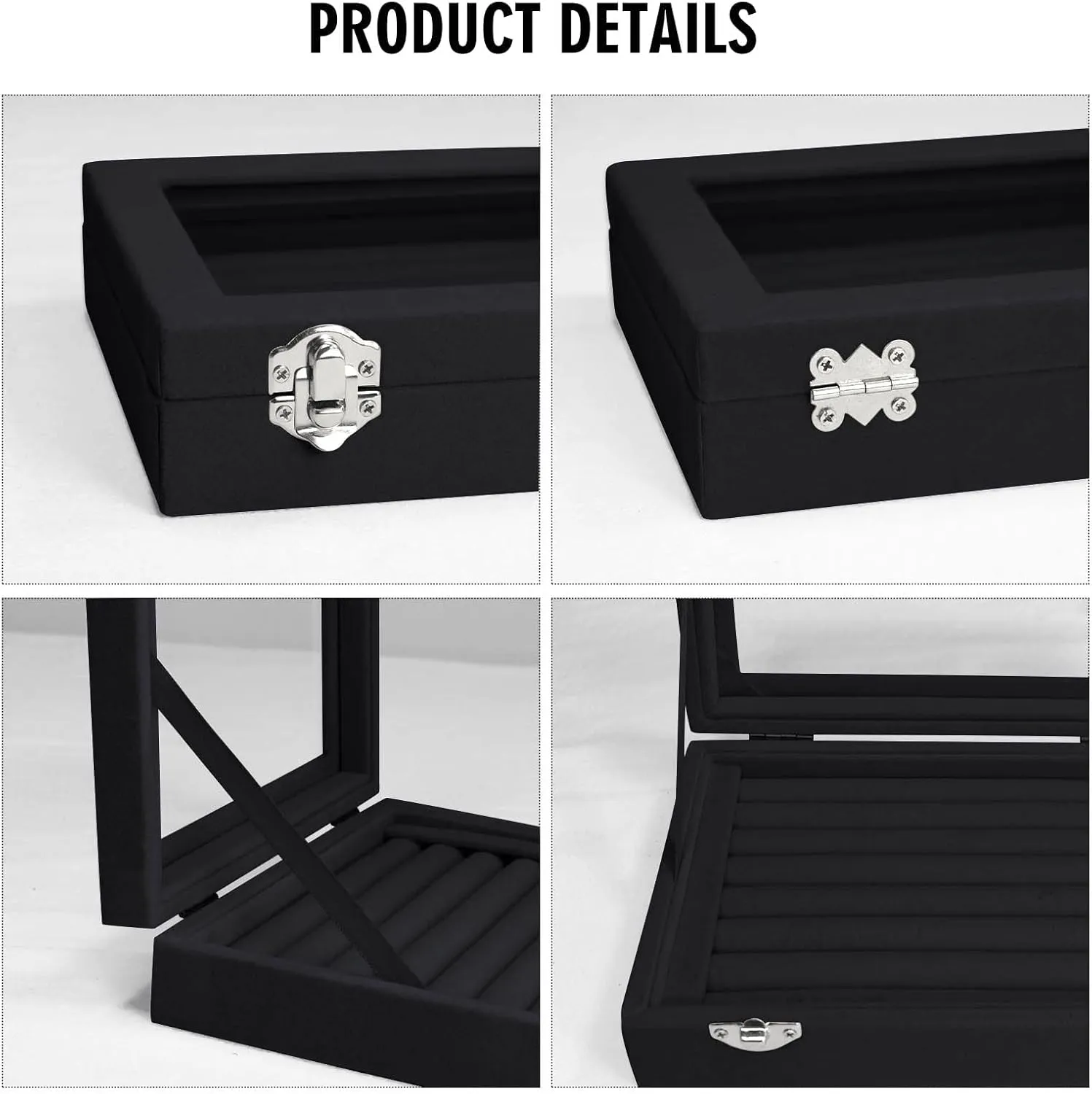 Rings Organizer Tray 7 Slots Velvet Jewelry Earring Storage Box with Transparent lid Jewelry Display Case for Girls Wife Mom Women (Black)