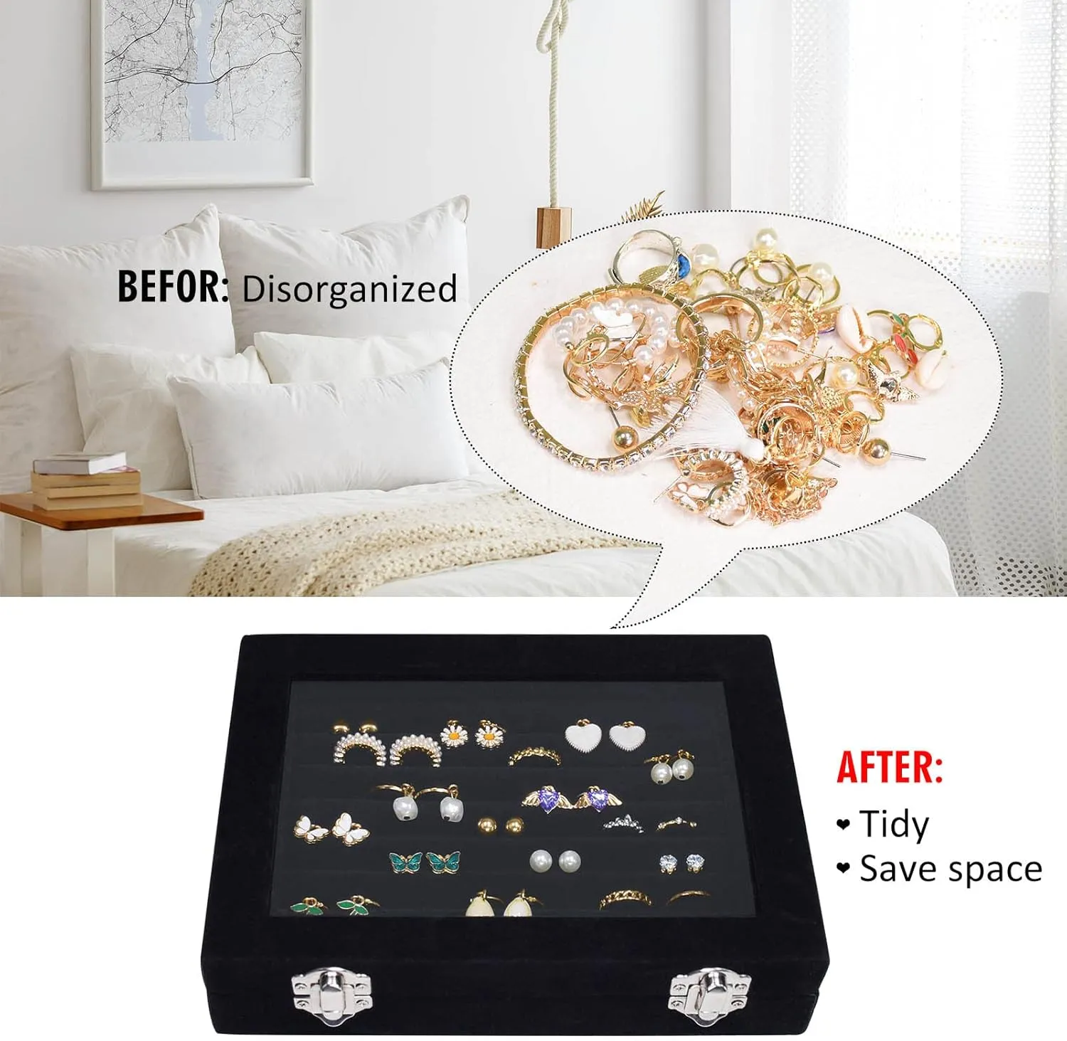 Rings Organizer Tray 7 Slots Velvet Jewelry Earring Storage Box with Transparent lid Jewelry Display Case for Girls Wife Mom Women (Black)