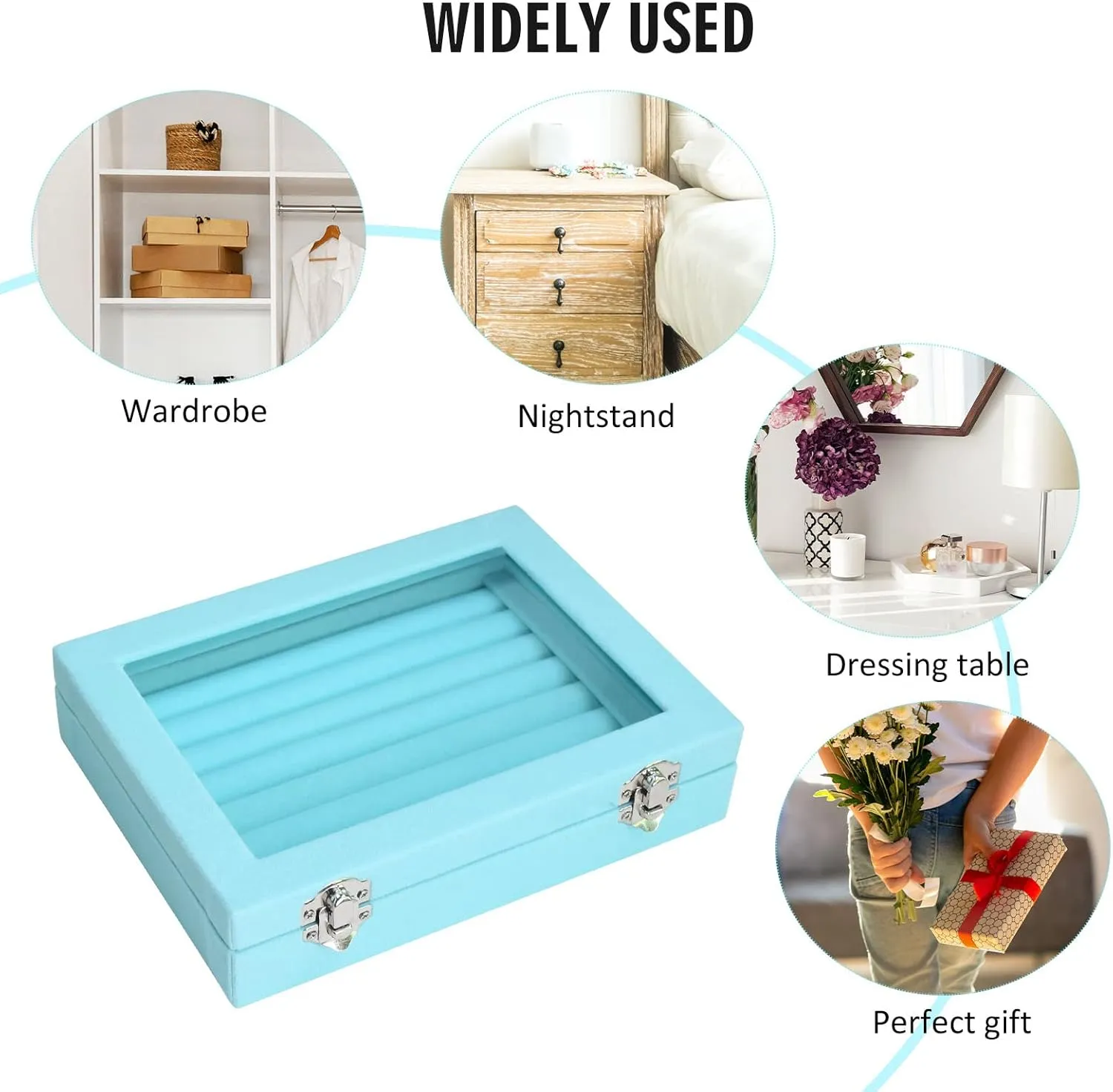 Rings Organizer Tray 7 Slots Velvet Jewelry Earring Storage Box with Transparent lid Jewelry Display Case for Girls Wife Mom Women (Light Blue)