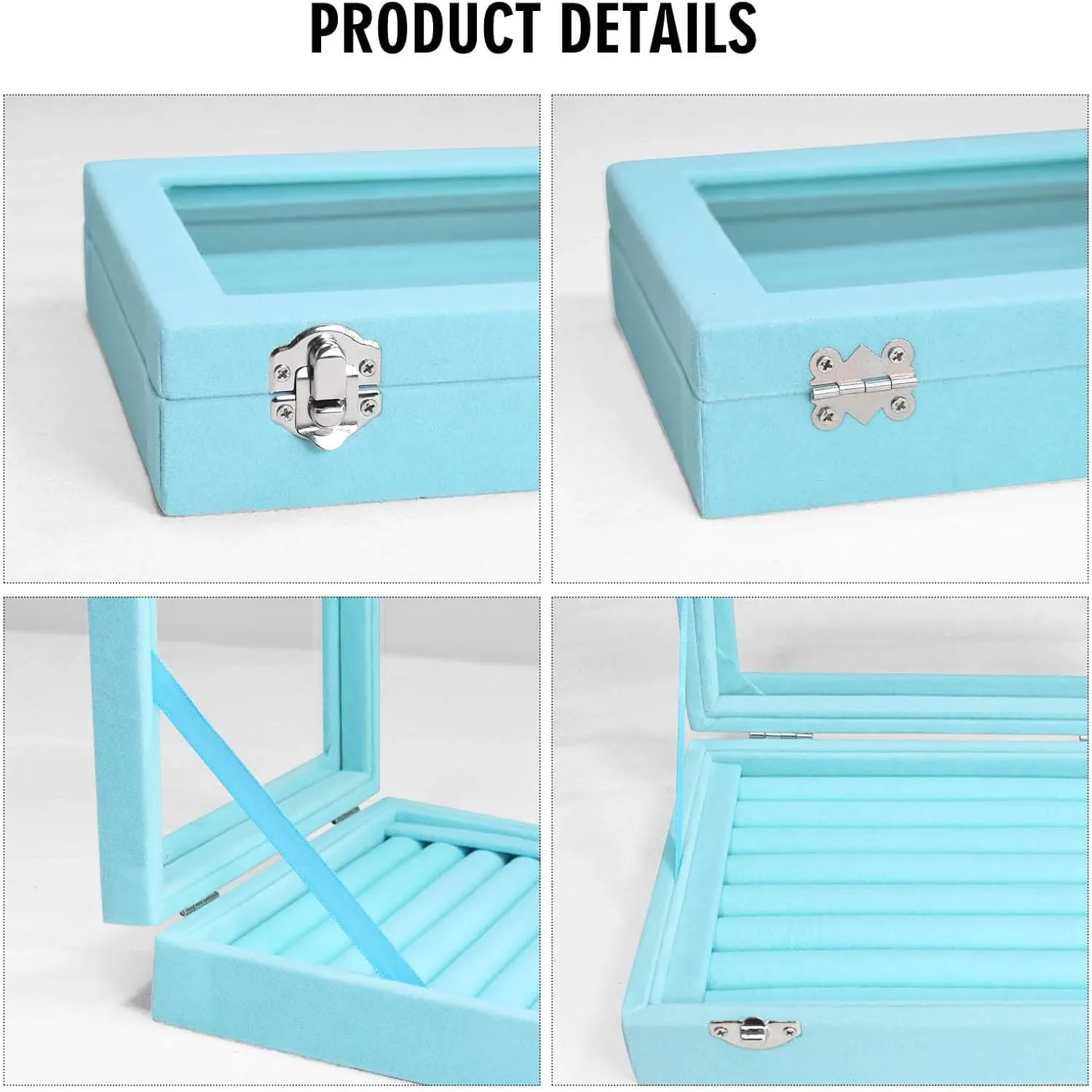 Rings Organizer Tray 7 Slots Velvet Jewelry Earring Storage Box with Transparent lid Jewelry Display Case for Girls Wife Mom Women (Light Blue)