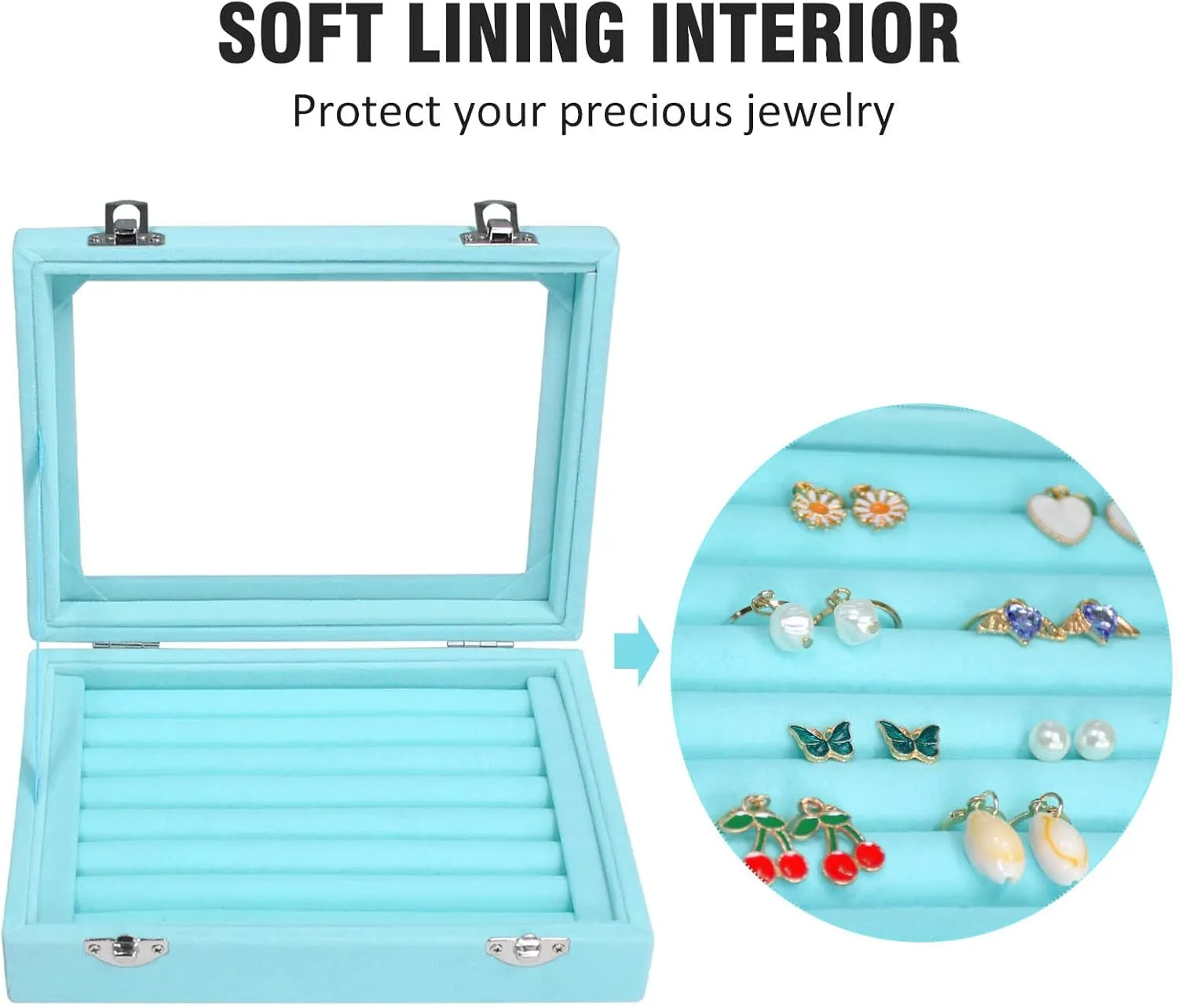 Rings Organizer Tray 7 Slots Velvet Jewelry Earring Storage Box with Transparent lid Jewelry Display Case for Girls Wife Mom Women (Light Blue)