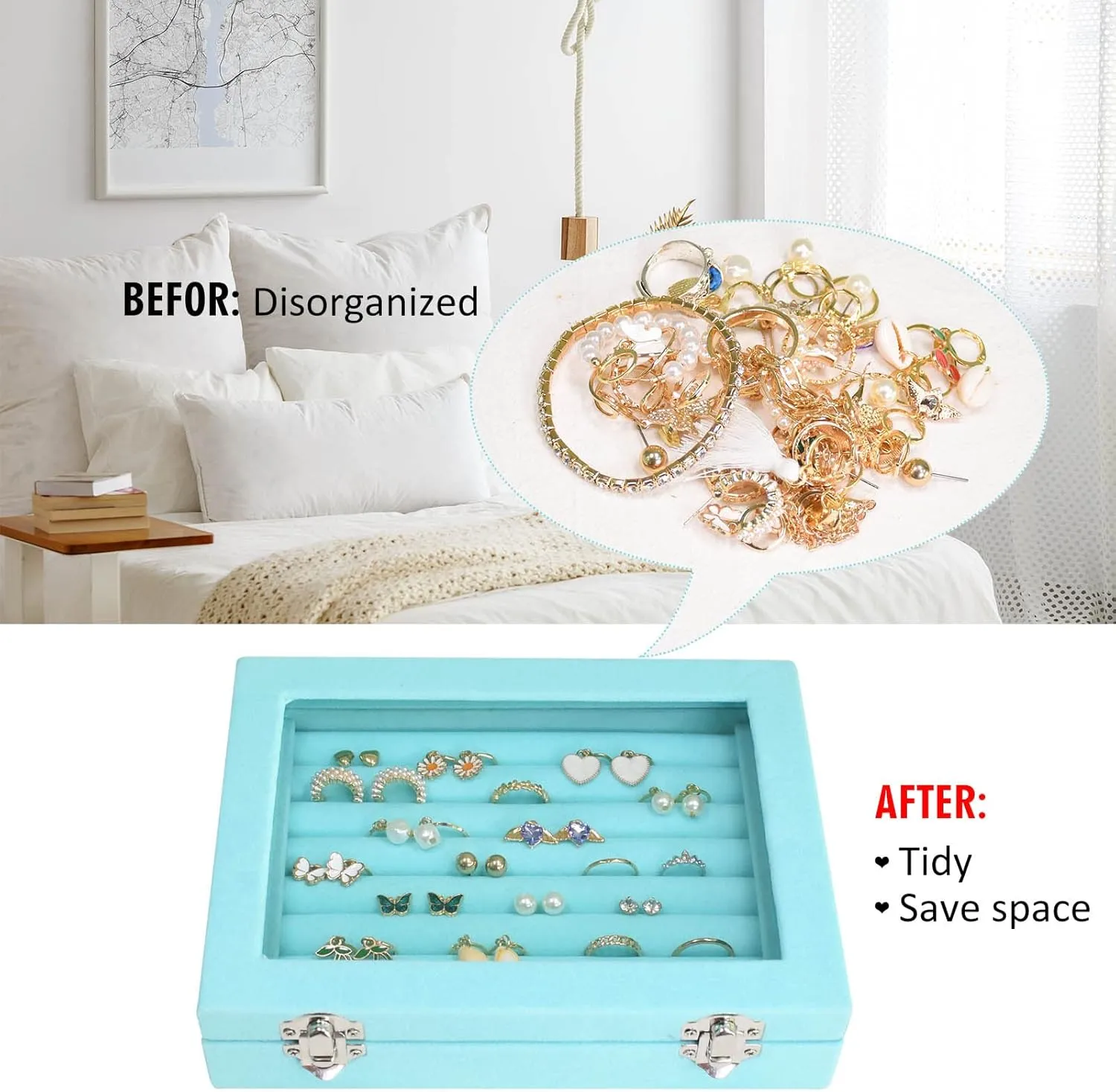 Rings Organizer Tray 7 Slots Velvet Jewelry Earring Storage Box with Transparent lid Jewelry Display Case for Girls Wife Mom Women (Light Blue)