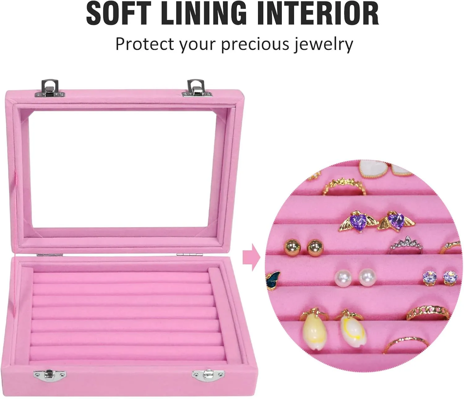 Rings Organizer Tray 7 Slots Velvet Jewelry Earring Storage Box with Transparent lid Jewelry Display Case for Girls Wife Mom Women (Pink)