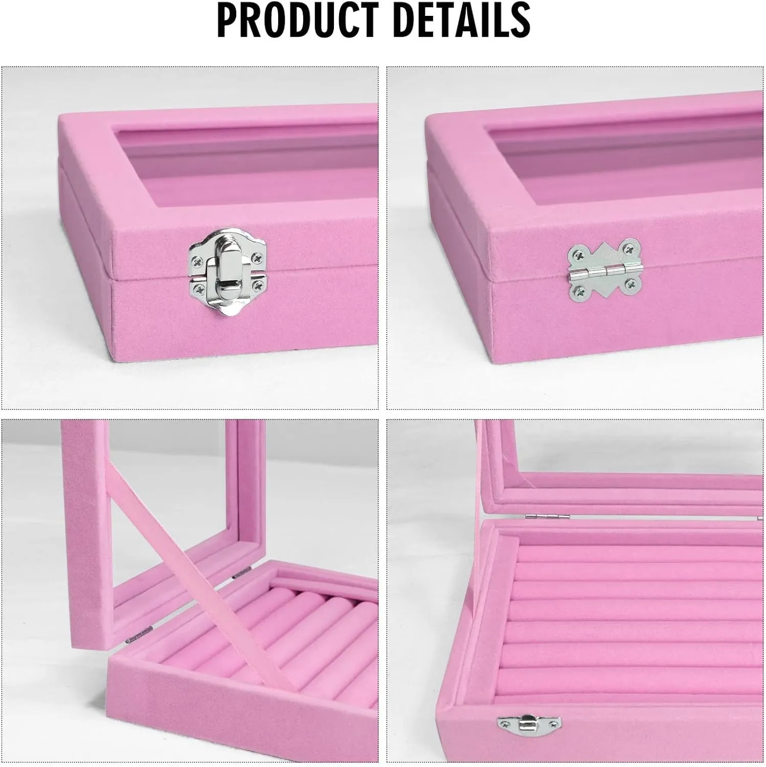 Rings Organizer Tray 7 Slots Velvet Jewelry Earring Storage Box with Transparent lid Jewelry Display Case for Girls Wife Mom Women (Pink)