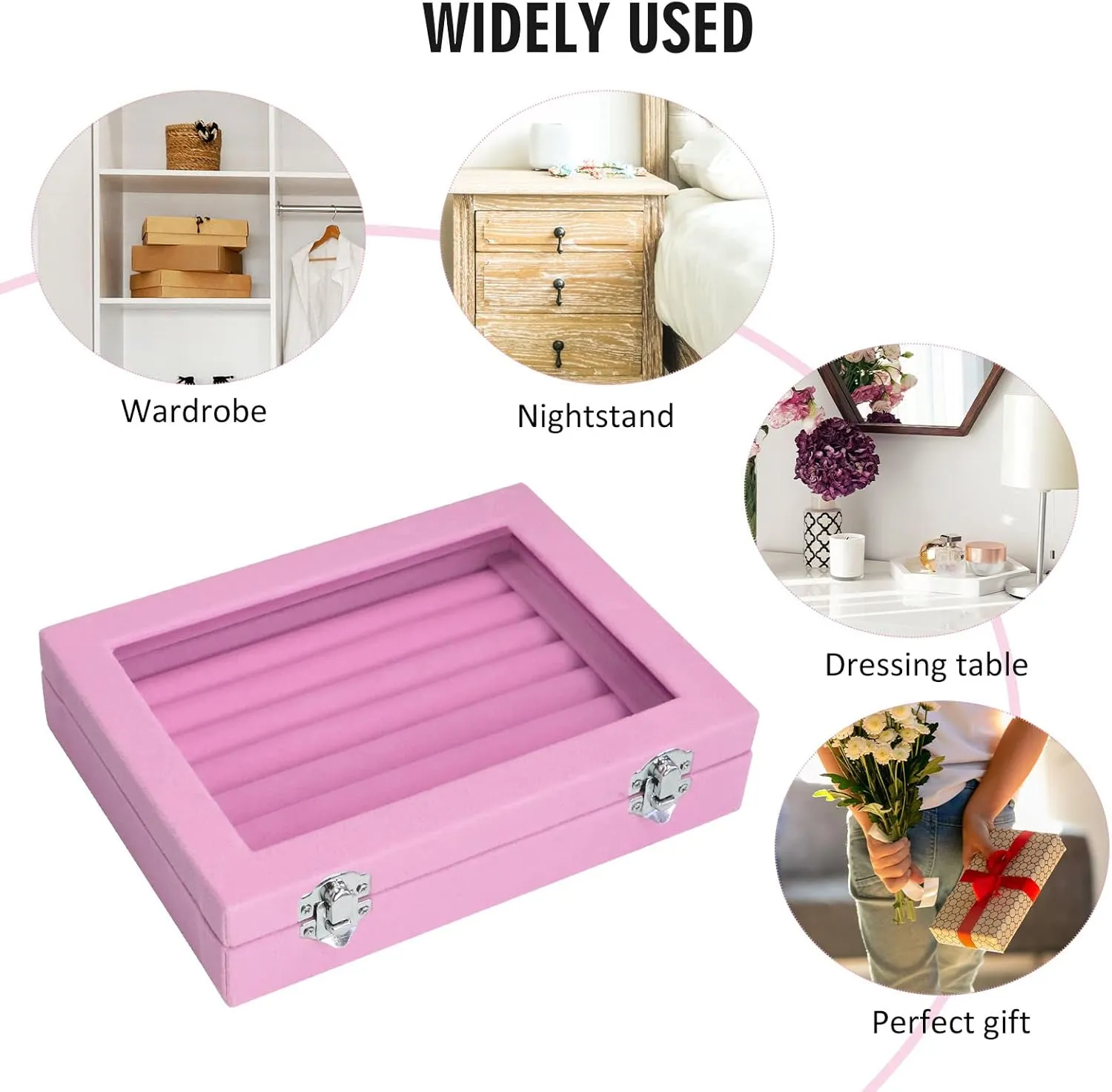 Rings Organizer Tray 7 Slots Velvet Jewelry Earring Storage Box with Transparent lid Jewelry Display Case for Girls Wife Mom Women (Pink)