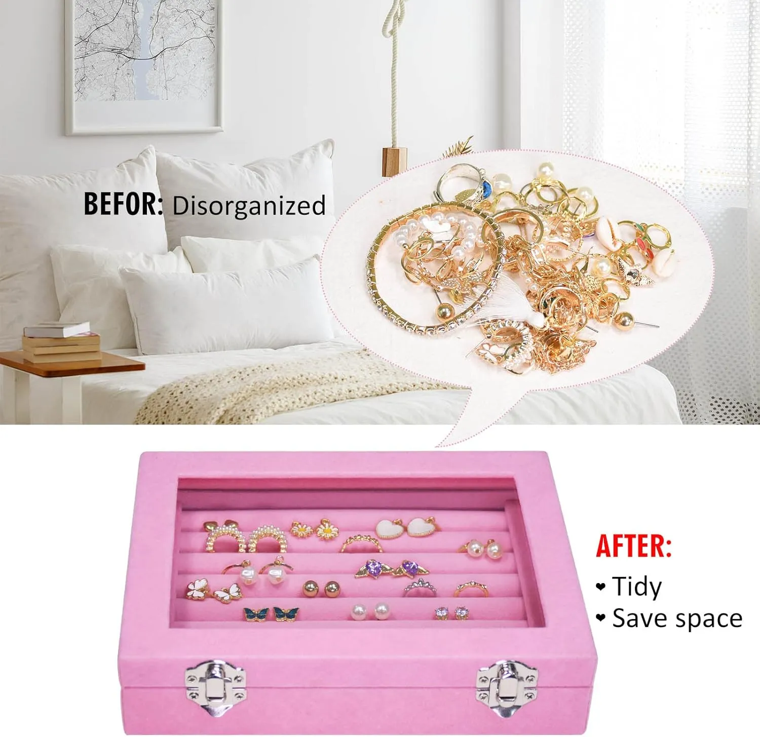 Rings Organizer Tray 7 Slots Velvet Jewelry Earring Storage Box with Transparent lid Jewelry Display Case for Girls Wife Mom Women (Pink)