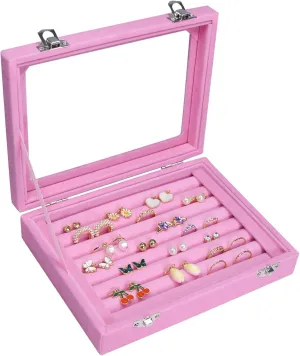 Rings Organizer Tray 7 Slots Velvet Jewelry Earring Storage Box with Transparent lid Jewelry Display Case for Girls Wife Mom Women (Pink)