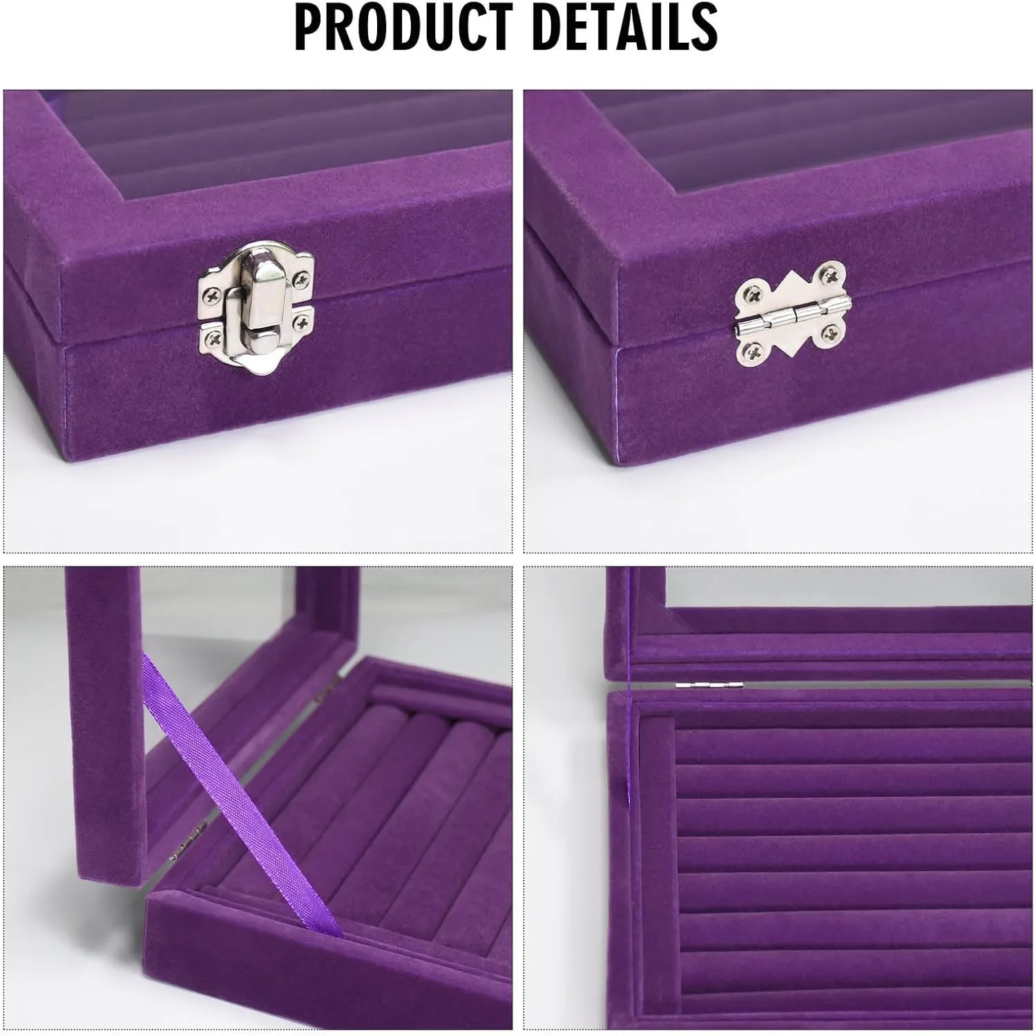 Rings Organizer Tray 7 Slots Velvet Jewelry Earring Storage Box with Transparent lid Jewelry Display Case for Girls Wife Mom Women (Purple)