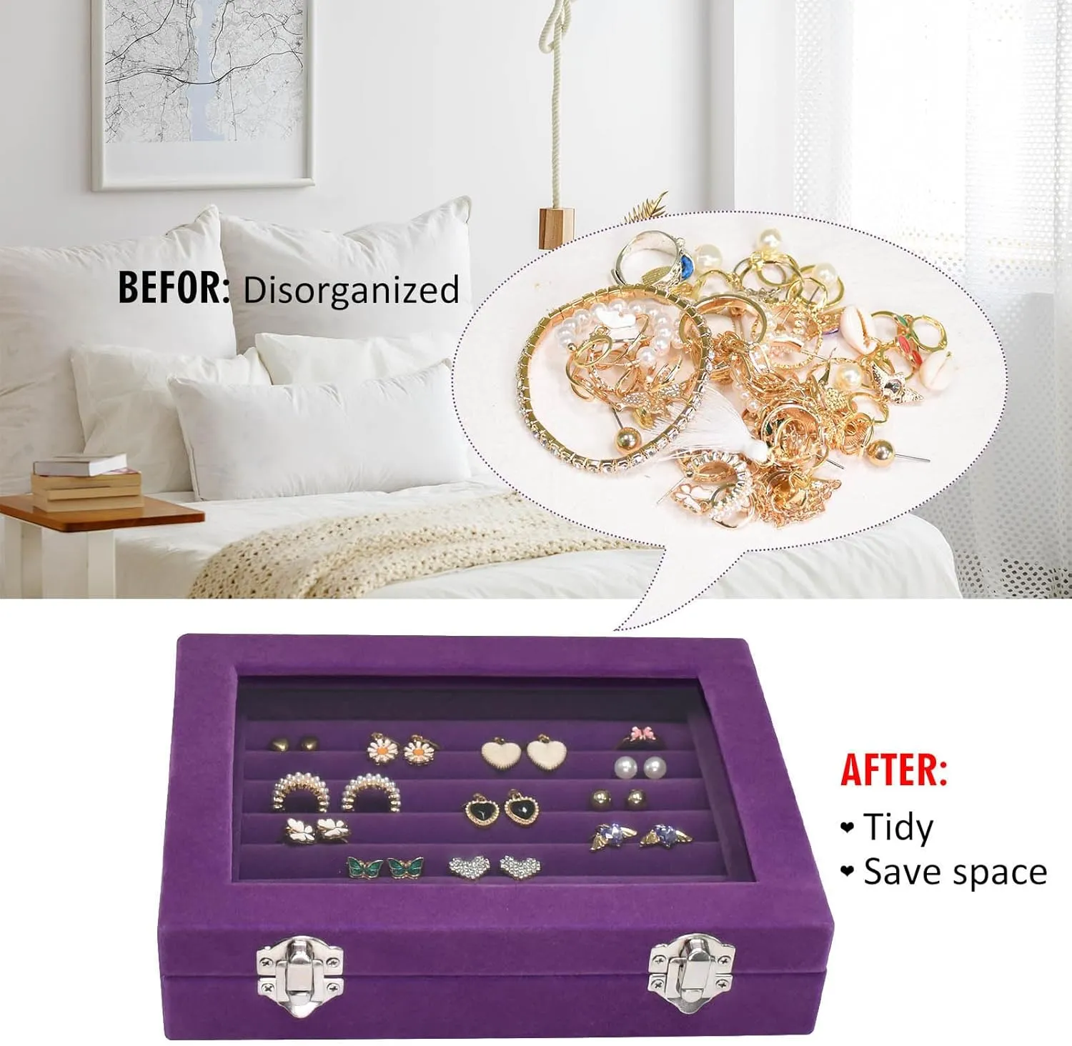 Rings Organizer Tray 7 Slots Velvet Jewelry Earring Storage Box with Transparent lid Jewelry Display Case for Girls Wife Mom Women (Purple)