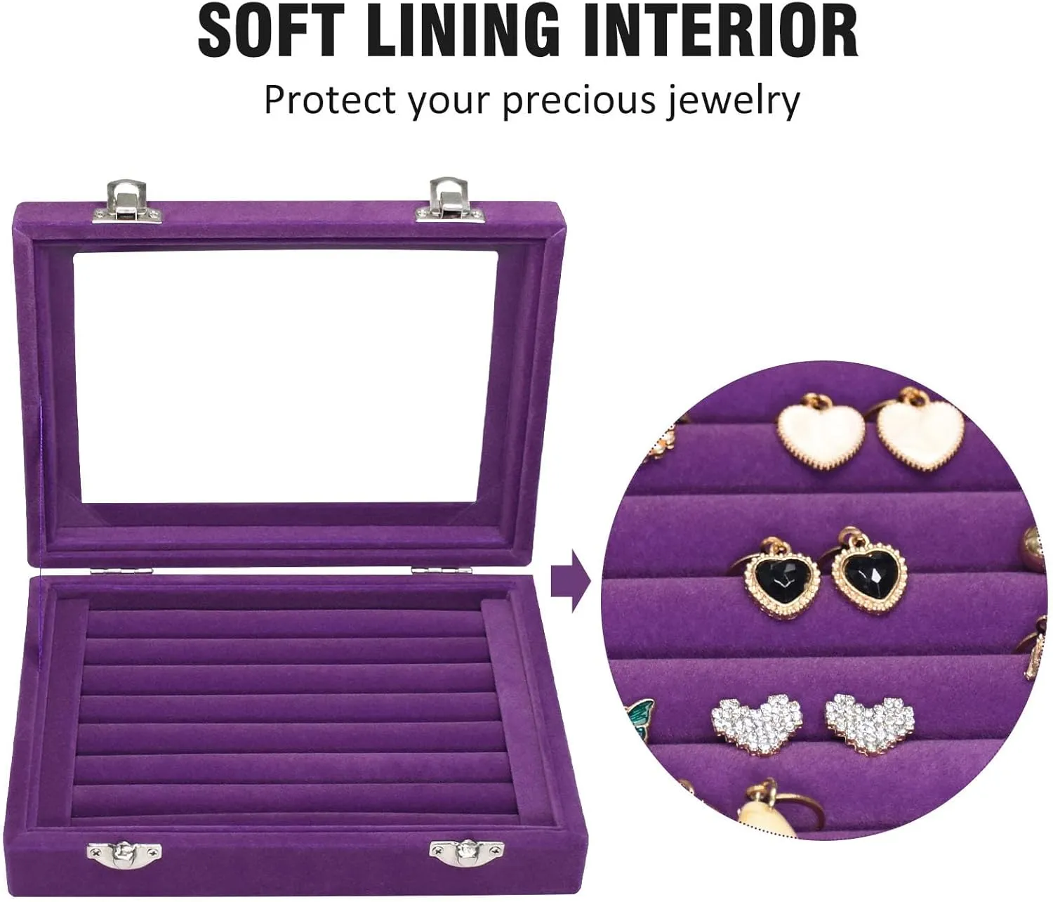 Rings Organizer Tray 7 Slots Velvet Jewelry Earring Storage Box with Transparent lid Jewelry Display Case for Girls Wife Mom Women (Purple)