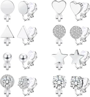 RIOSO 8 Pairs Clip on Earrings for Women Silver Non Pierced CZ Studs Earring Non Piercing Jewelry