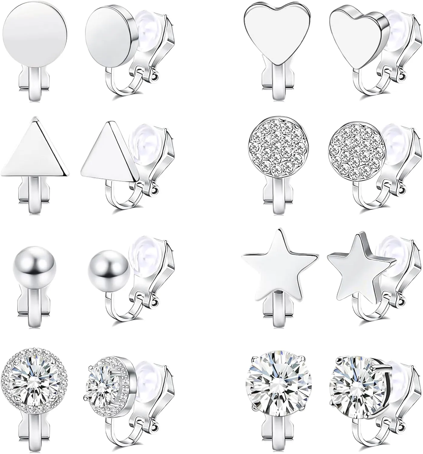 RIOSO 8 Pairs Clip on Earrings for Women Silver Non Pierced CZ Studs Earring Non Piercing Jewelry
