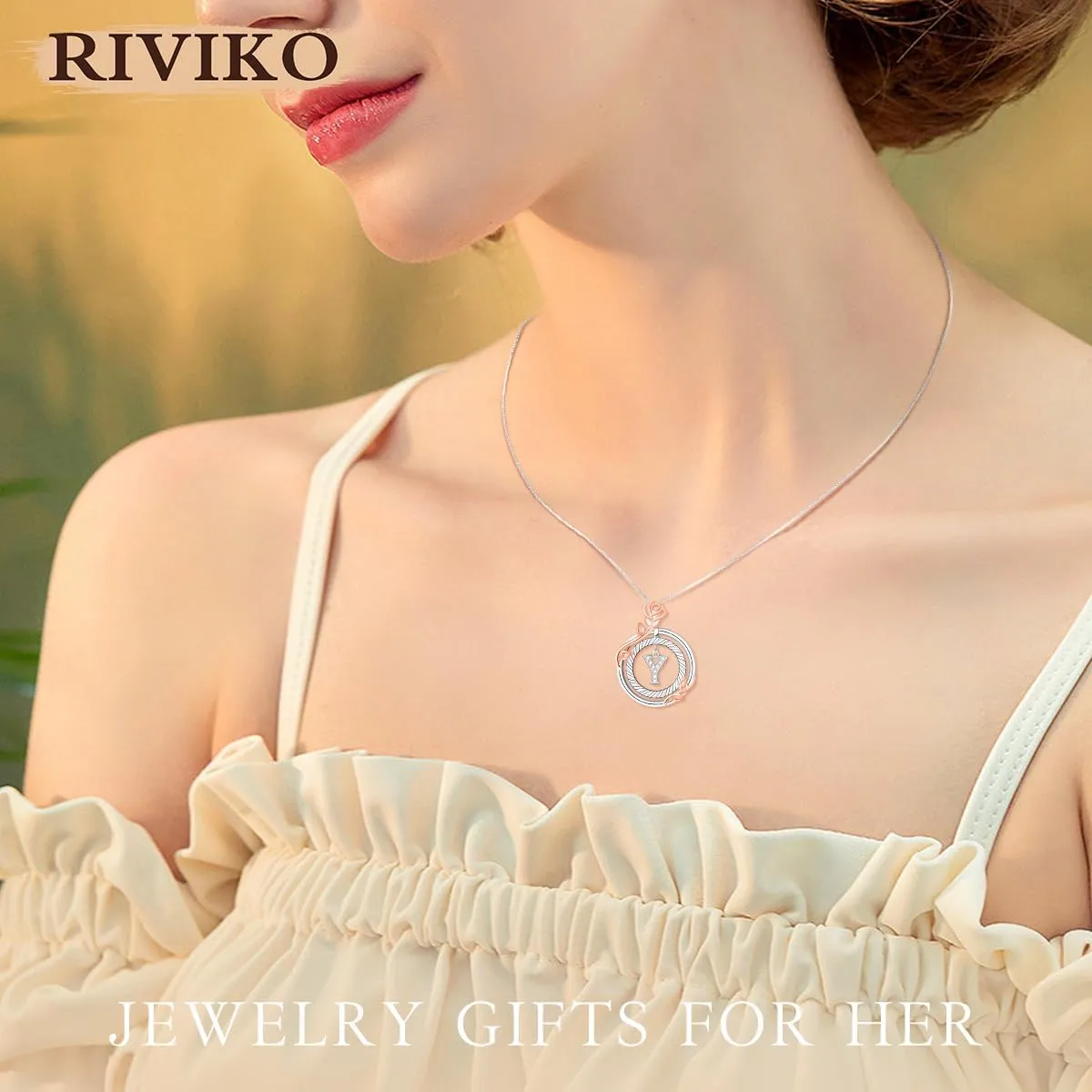 RIVIKO Graduation Gifts for Her,925 Sterling Silver Rose Circle Initial Necklaces,Initial Letter Pendant Necklaces Personalized Jewelry Anniversary Christmas Birthday Gifts for Her Mom Wife Girlfriend