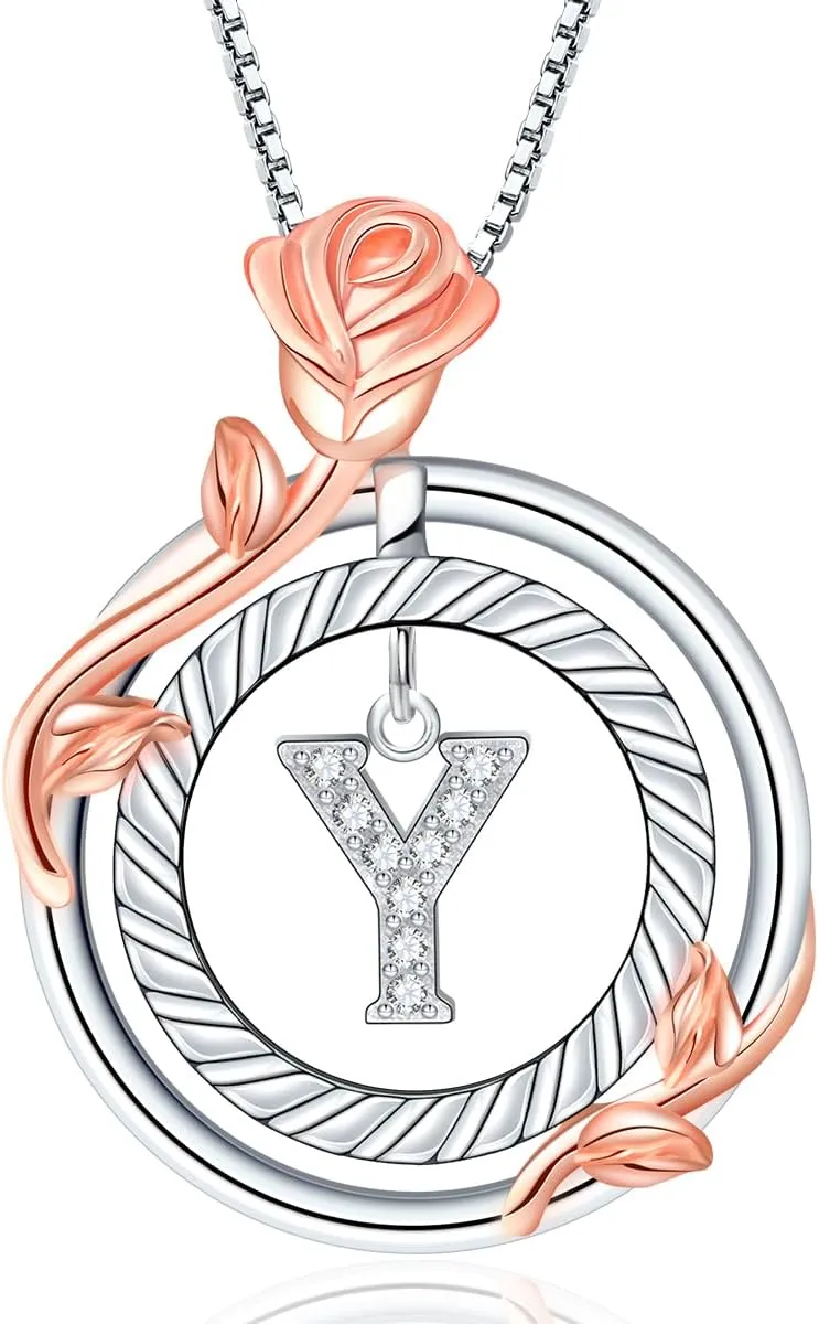 RIVIKO Graduation Gifts for Her,925 Sterling Silver Rose Circle Initial Necklaces,Initial Letter Pendant Necklaces Personalized Jewelry Anniversary Christmas Birthday Gifts for Her Mom Wife Girlfriend
