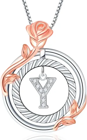 RIVIKO Graduation Gifts for Her,925 Sterling Silver Rose Circle Initial Necklaces,Initial Letter Pendant Necklaces Personalized Jewelry Anniversary Christmas Birthday Gifts for Her Mom Wife Girlfriend