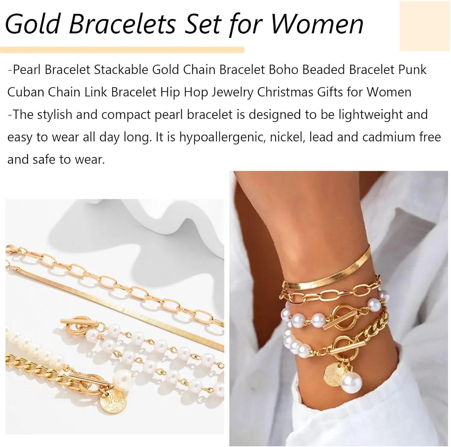 Roe Dolph Gold Bracelet Stack Gold Chunky Bracelets Stackable Chain Link Rhinestone Tennis Pearl Jewelry Trendy Stuff for Women