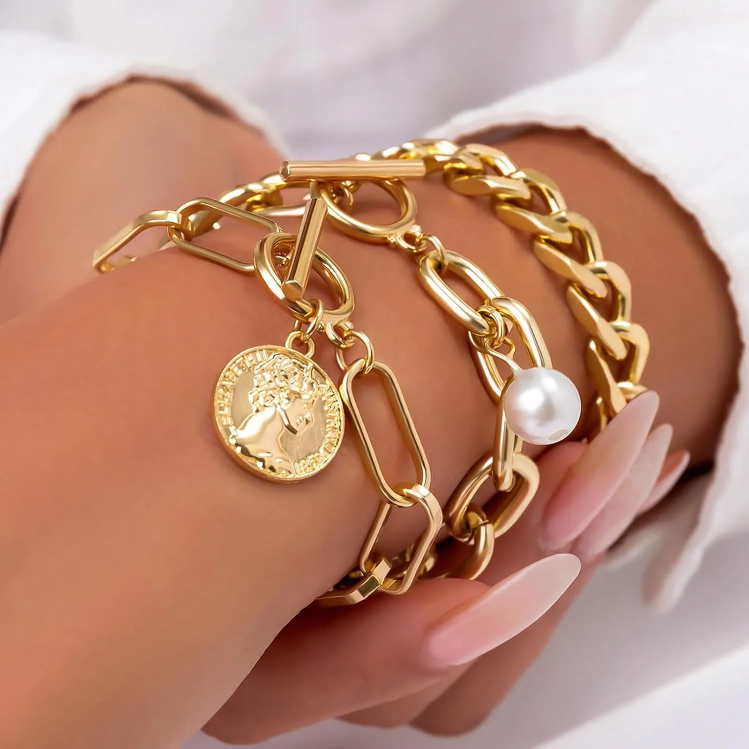 Roe Dolph Gold Bracelet Stack Gold Chunky Bracelets Stackable Chain Link Rhinestone Tennis Pearl Jewelry Trendy Stuff for Women