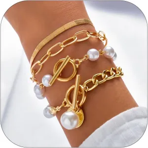 Roe Dolph Gold Bracelet Stack Gold Chunky Bracelets Stackable Chain Link Rhinestone Tennis Pearl Jewelry Trendy Stuff for Women