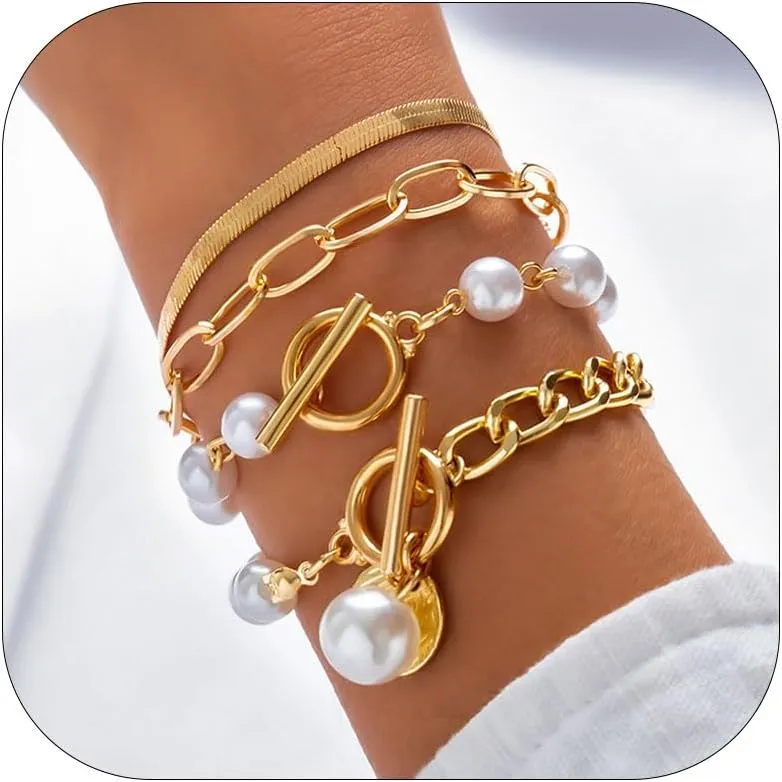Roe Dolph Gold Bracelet Stack Gold Chunky Bracelets Stackable Chain Link Rhinestone Tennis Pearl Jewelry Trendy Stuff for Women