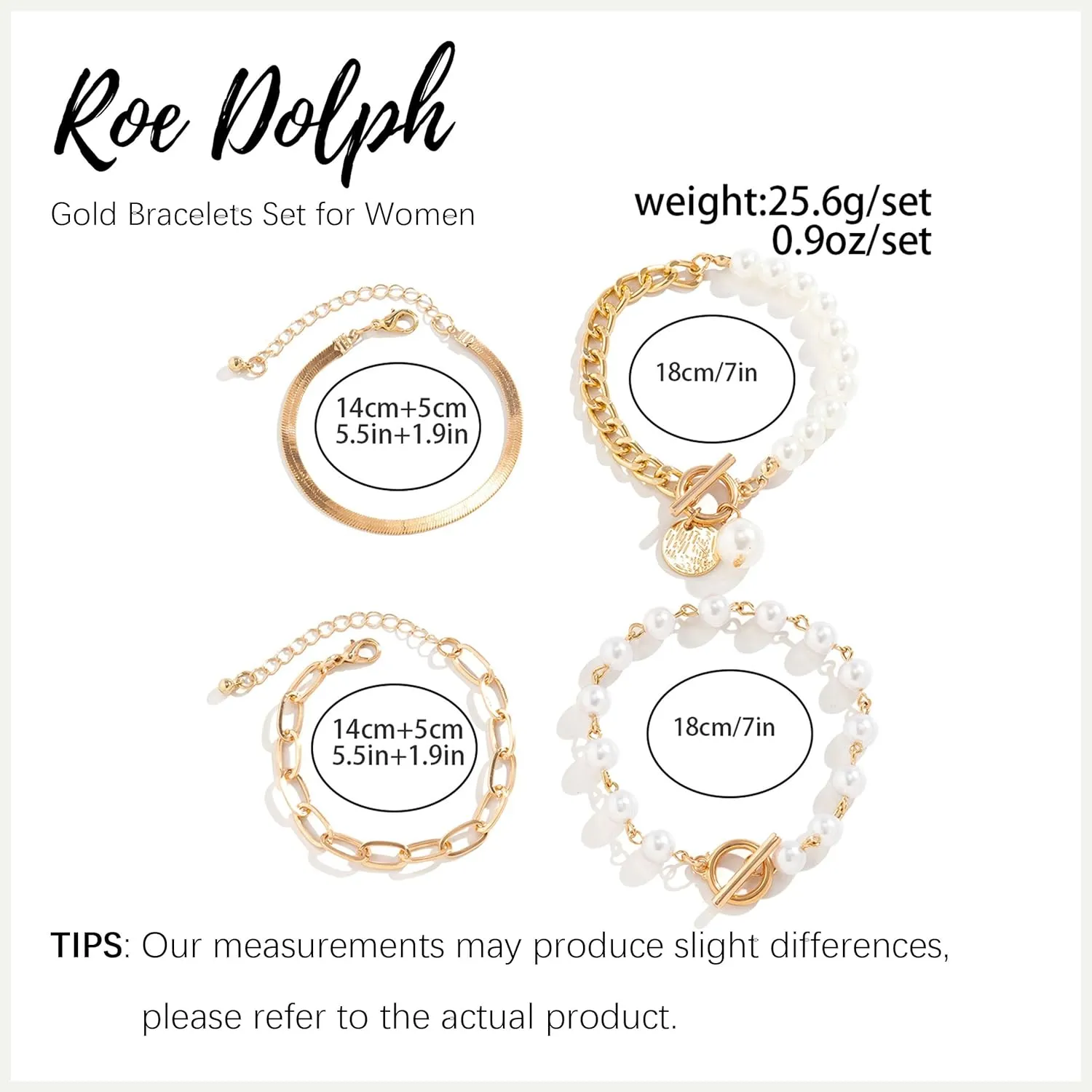 Roe Dolph Gold Bracelet Stack Gold Chunky Bracelets Stackable Chain Link Rhinestone Tennis Pearl Jewelry Trendy Stuff for Women