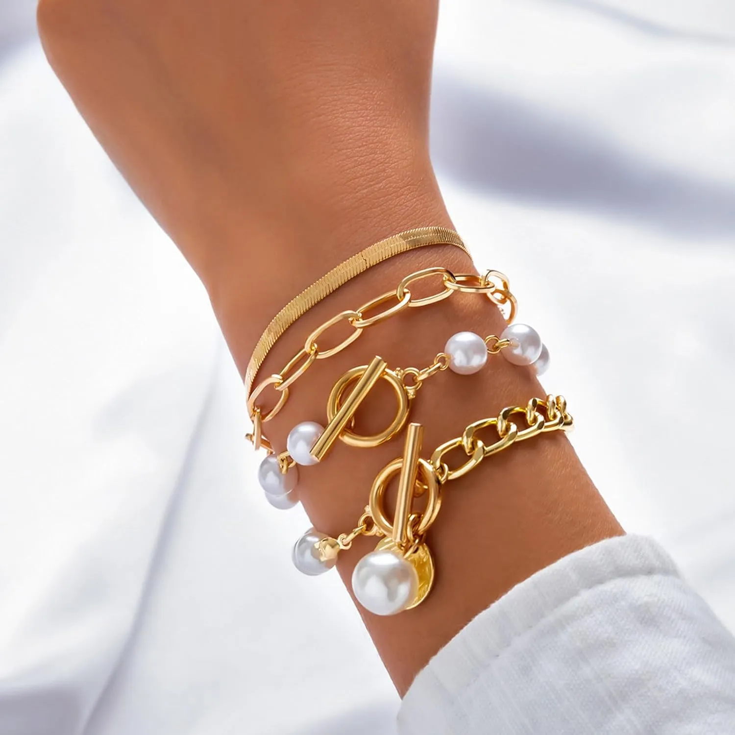 Roe Dolph Gold Bracelet Stack Gold Chunky Bracelets Stackable Chain Link Rhinestone Tennis Pearl Jewelry Trendy Stuff for Women