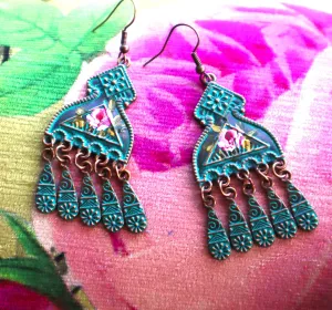 Romantic Turquoise Vintage Style Statement Earrings with Hand Painted Pink Roses Romantic Boho Jewelry