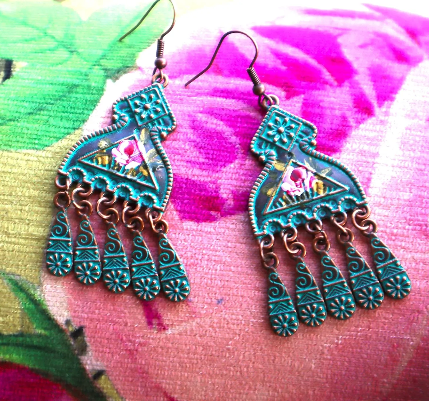Romantic Turquoise Vintage Style Statement Earrings with Hand Painted Pink Roses Romantic Boho Jewelry
