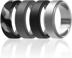 ROQ Silicone Rubber Wedding Ring for Men, Comfort Fit, Men's Wedding Band, Breathable Rubber Engagement Band, 8mm Wide 2mm Thick, Step Edge, 4 Pack, Black Camo, Grey, Black, Silver, Size 9