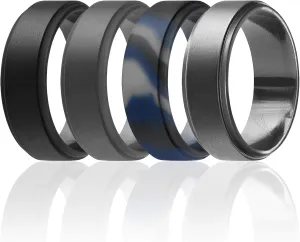 ROQ Silicone Rubber Wedding Ring for Men, Comfort Fit, Men's Wedding Band, Breathable Rubber Engagement Band, 8mm Wide 2mm Thick, Step Edge, 4 Pack, Black, Gray, Black Blue Camo, Dark Silver, Size 9