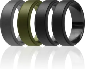 ROQ Silicone Rubber Wedding Ring for Men, Comfort Fit, Men's Wedding Band, Breathable Rubber Engagement Band, 8mm Wide 2mm Thick, Step Edge, 4 Pack, Black, Gray, Dark Green, Size 9