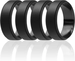 ROQ Silicone Rubber Wedding Ring for Men, Comfort Fit, Men's Wedding Band, Breathable Rubber Engagement Band, 8mm Wide 2mm Thick, Step Edge, 4 Pack, Black, Size 8