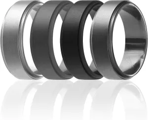 ROQ Silicone Rubber Wedding Ring for Men, Comfort Fit, Men's Wedding Band, Breathable Rubber Engagement Band, 8mm Wide 2mm Thick, Step Edge, 4 Pack, Silver, Grey, Black, Platinum, Size 10