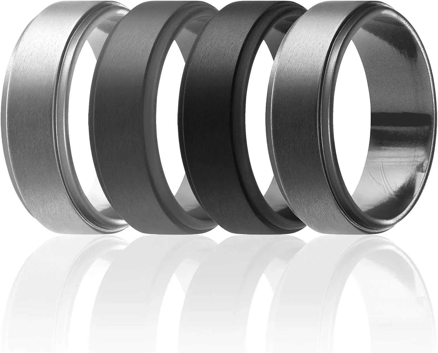 ROQ Silicone Rubber Wedding Ring for Men, Comfort Fit, Men's Wedding Band, Breathable Rubber Engagement Band, 8mm Wide 2mm Thick, Step Edge, 4 Pack, Silver, Grey, Black, Platinum, Size 9