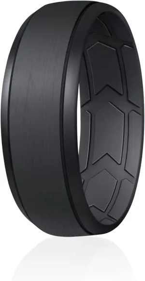 ROQ Silicone Rubber Wedding Ring for Men, Comfort Fit, Men's Wedding Band, Durable Rubber Engagement Band, Enhanced Breathability, Inner Arrow Grooves, 8mm Wide 2mm Thick, Single, Black, Size 13
