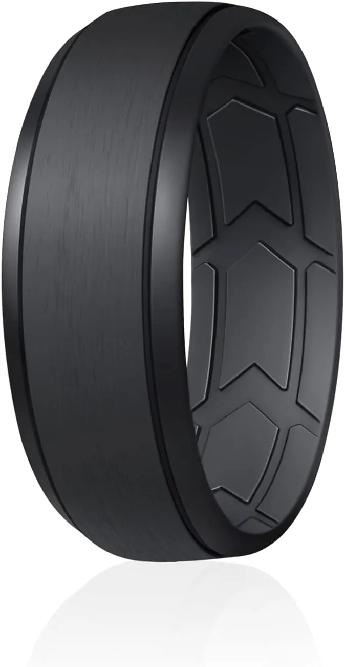 ROQ Silicone Rubber Wedding Ring for Men, Comfort Fit, Men's Wedding Band, Durable Rubber Engagement Band, Enhanced Breathability, Inner Arrow Grooves, 8mm Wide 2mm Thick, Single, Black, Size 13