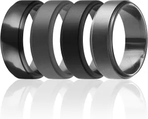 ROQ Silicone Rubber Wedding Ring for Men, Men's Wedding Band, Breathable Rubber Engagement Band, 8mm Wide 2mm Thick, Step Edge, 4 Pack, Black, Black Camo, Silver, Beveled Metallic Platinum, Size 8