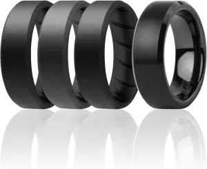 ROQ Silicone Rubber Wedding Ring for Men, Rubber Silicone Wedding Band, Comfort Fit, Tungsten Carbide & Beveled Edge Brush Top Silicone Ring Set, 8mm Wide 2mm Thick, 4 Pack, Multi Sizes