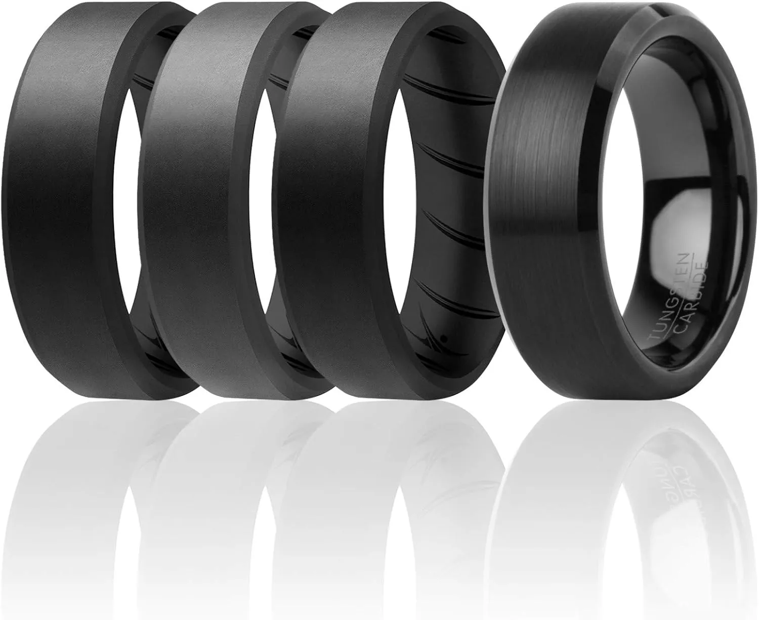 ROQ Silicone Rubber Wedding Ring for Men, Rubber Silicone Wedding Band, Comfort Fit, Tungsten Carbide & Beveled Edge Brush Top Silicone Ring Set, 8mm Wide 2mm Thick, 4 Pack, Multi Sizes