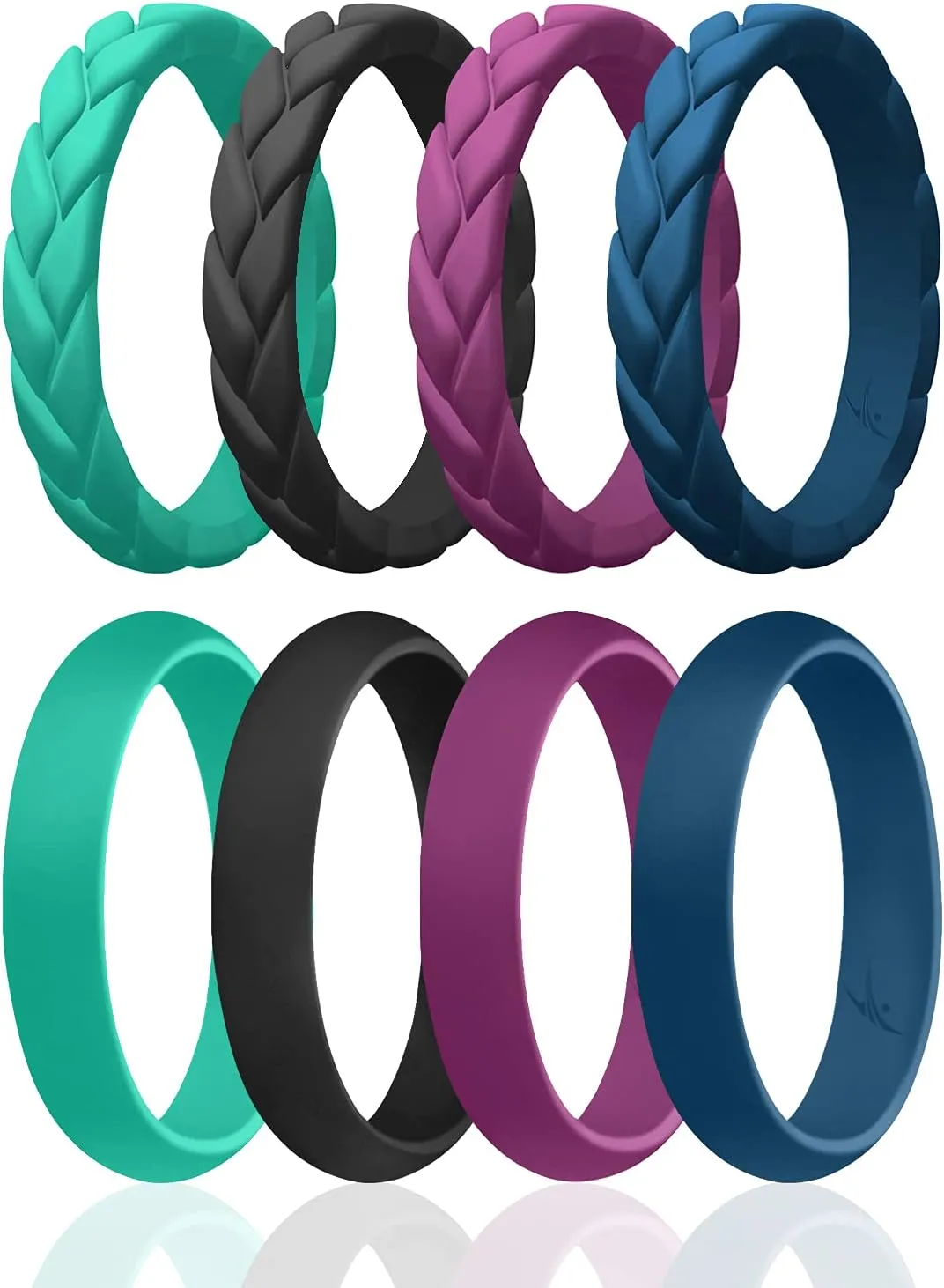 ROQ Silicone Rubber Wedding Ring for Women, Thin Stackable Braided Flame Leaves & Dome, Rubber Silicone Wedding Band, Anniversary Rings, Promise Ring, 4/5.5mm Wide 2mm Thick, Multicolor