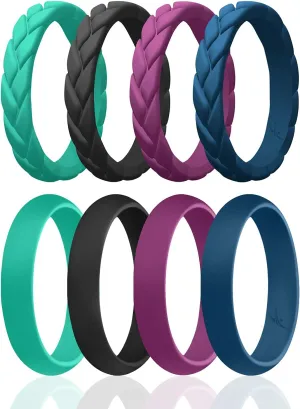 ROQ Silicone Rubber Wedding Ring for Women, Thin Stackable Braided Flame Leaves & Dome, Rubber Silicone Wedding Band, Anniversary Rings, Promise Ring, 4/5.5mm Wide 2mm Thick, Multicolor