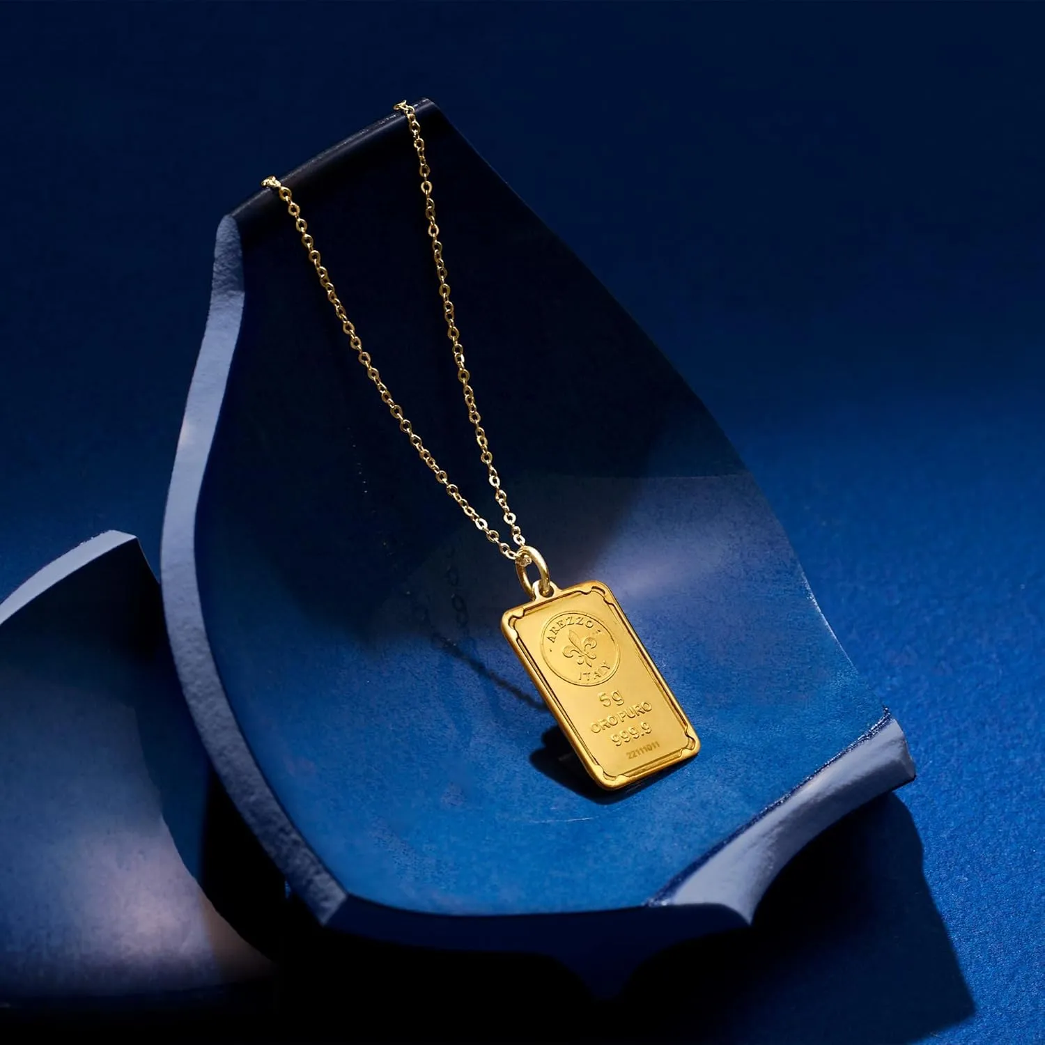 Ross-Simons Italian 24kt Yellow Gold Fleur-De-Lis 5-Gram Ingot Pendant Necklace With 14kt Gold Frame