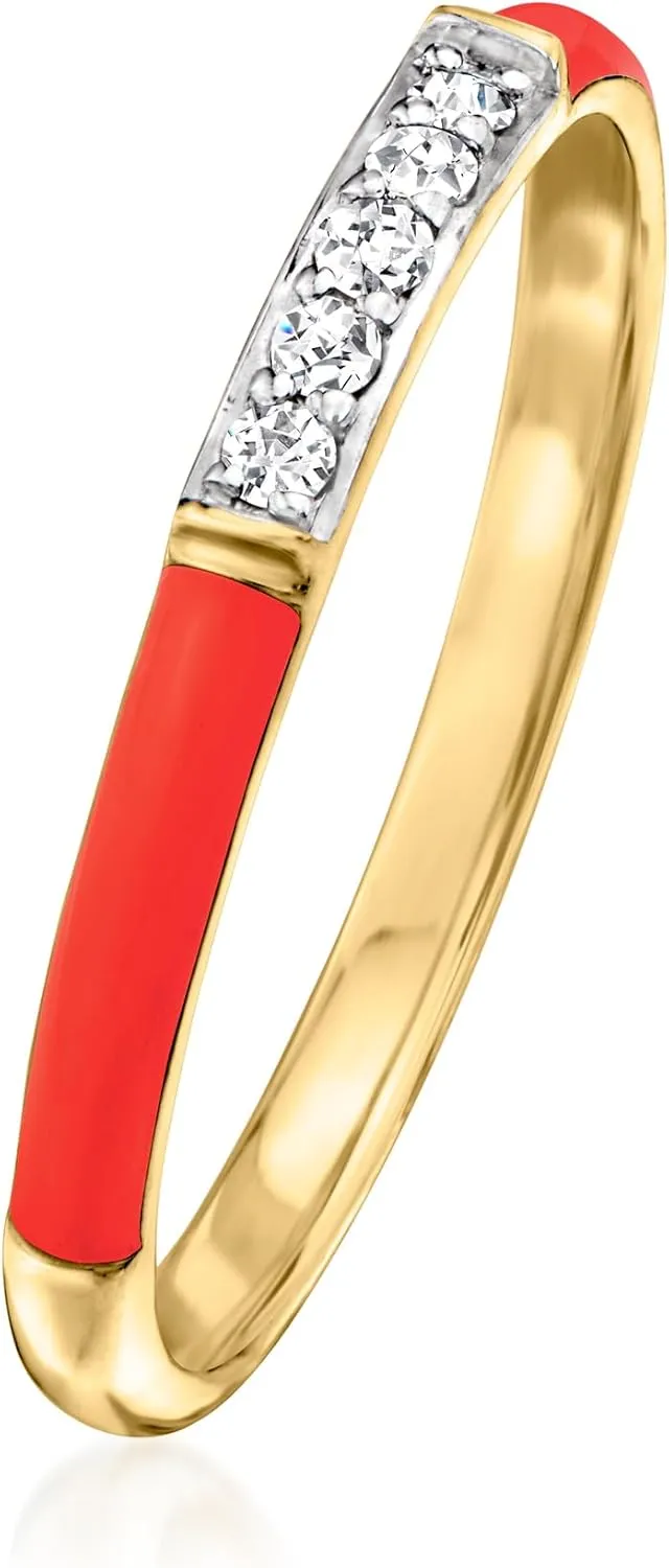 Ross-Simons Red Enamel Ring With Diamonds in 18kt Gold Over Sterling