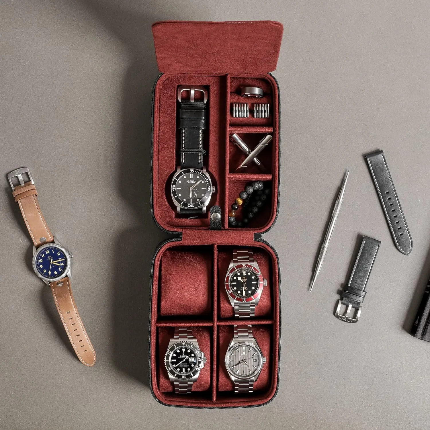 ROTHWELL 5 Watch Travel Case Storage Organizer for 5 Watches | Tough Portable Protection w/Zipper Fits All Wristwatches & Smart Watches Up to 50mm (Black/Red)