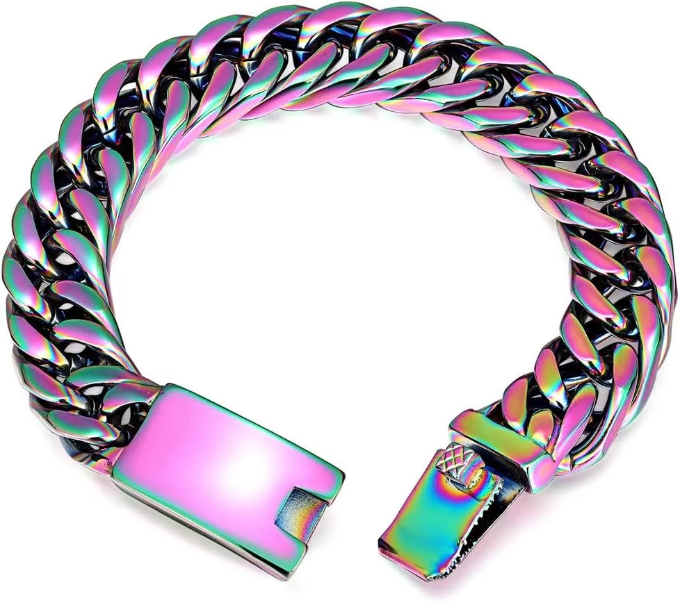 ROWIN&CO Stainless Steel Curb Cuban Link Bracelets for Men, Black/18K Gold/Silver/Rainbow, Nickel-free, Wristchain for Men, Hip hop Jewelry Thick Bracelet Chain, W: 16mm, L: 8"/8.5"/ 9.5"