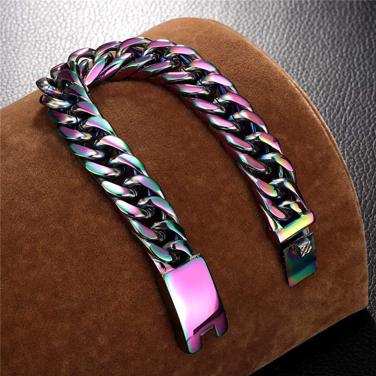 ROWIN&CO Stainless Steel Curb Cuban Link Bracelets for Men, Black/18K Gold/Silver/Rainbow, Nickel-free, Wristchain for Men, Hip hop Jewelry Thick Bracelet Chain, W: 16mm, L: 8"/8.5"/ 9.5"