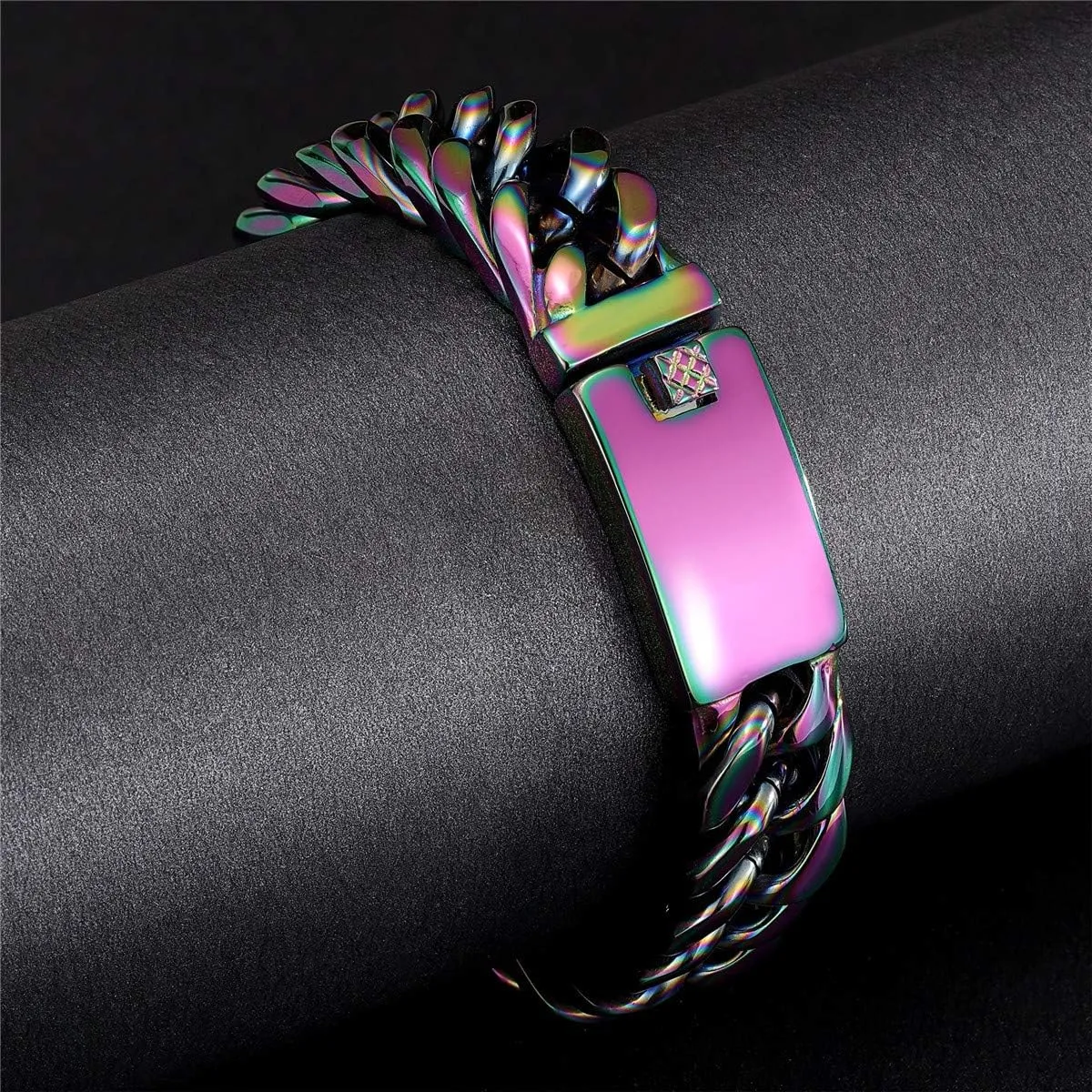 ROWIN&CO Stainless Steel Curb Cuban Link Bracelets for Men, Black/18K Gold/Silver/Rainbow, Nickel-free, Wristchain for Men, Hip hop Jewelry Thick Bracelet Chain, W: 16mm, L: 8"/8.5"/ 9.5"